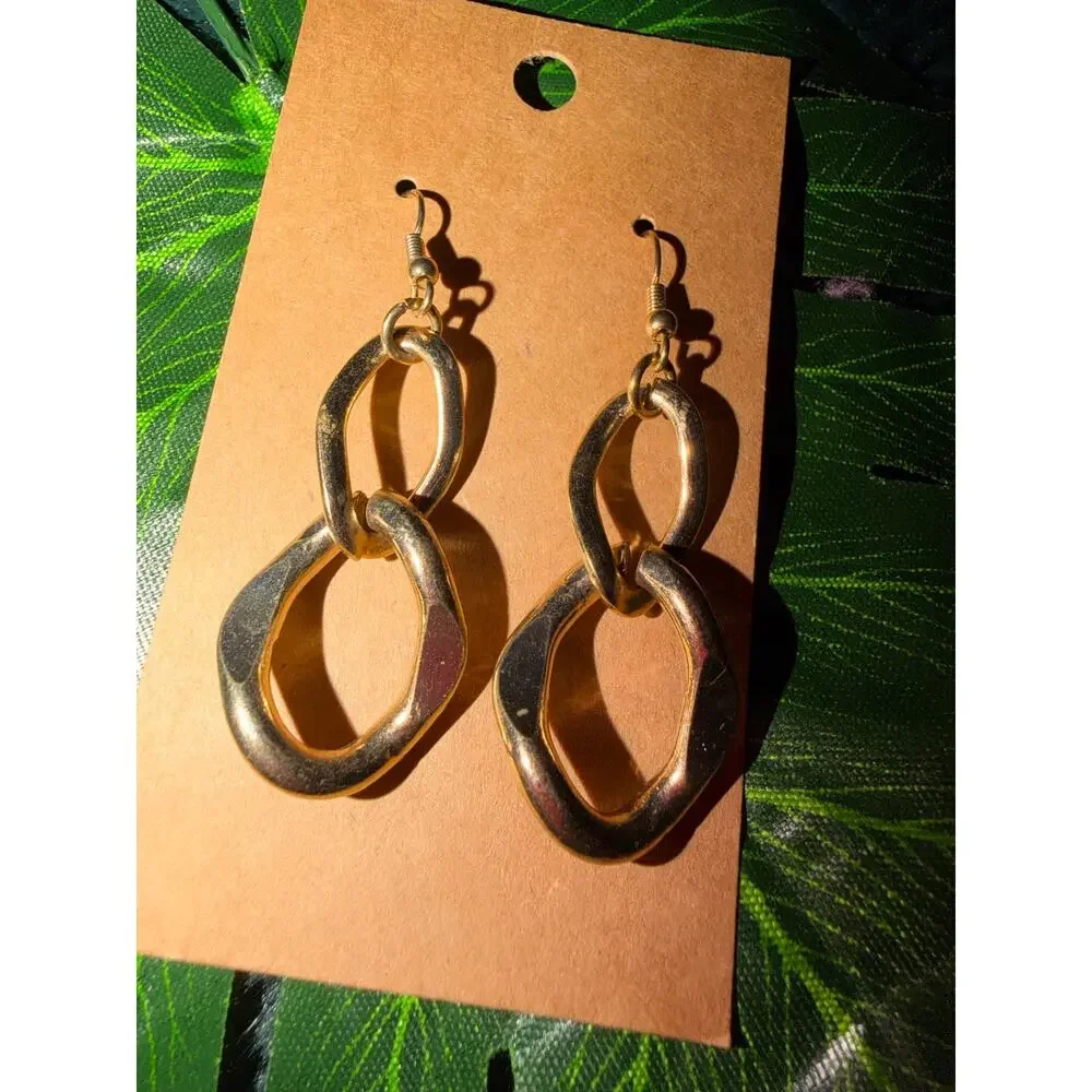 Gold Tone Double Open Link Dangle Earrings Organic Geometric Statement Boho